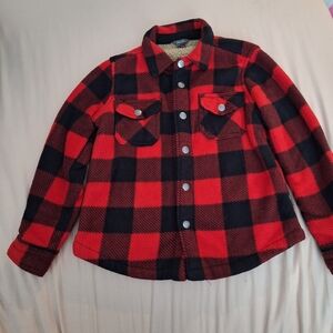 Eddie Bauer Red Black Plaid Fleece Jacket Faux Sherpa Lining Kids Size 6/7